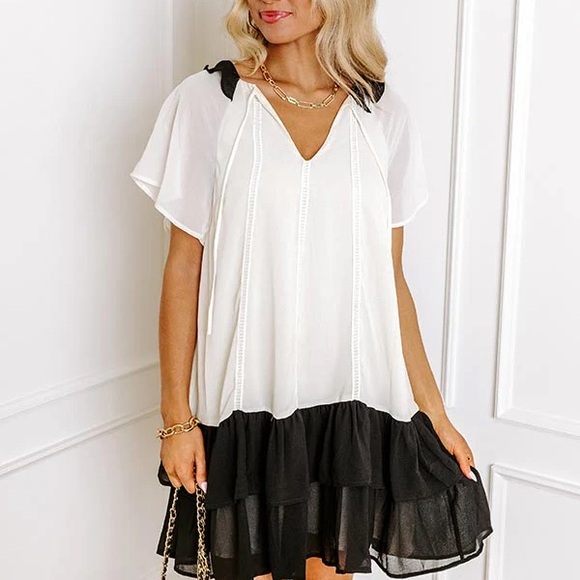 Chiffon Mini Dress 🆕 Chic Black and White with Layered Ruffle Dress - Picture 1 of 4